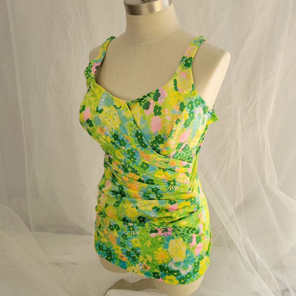 Psychedelic Floral 60s Vintage Swimsuit  16 38C Perfection Fit by Roxanne
